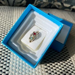 ❣️Blue & Red Entwined Hearts Sterling Silver Ring, Garnet & Aquamarine stones